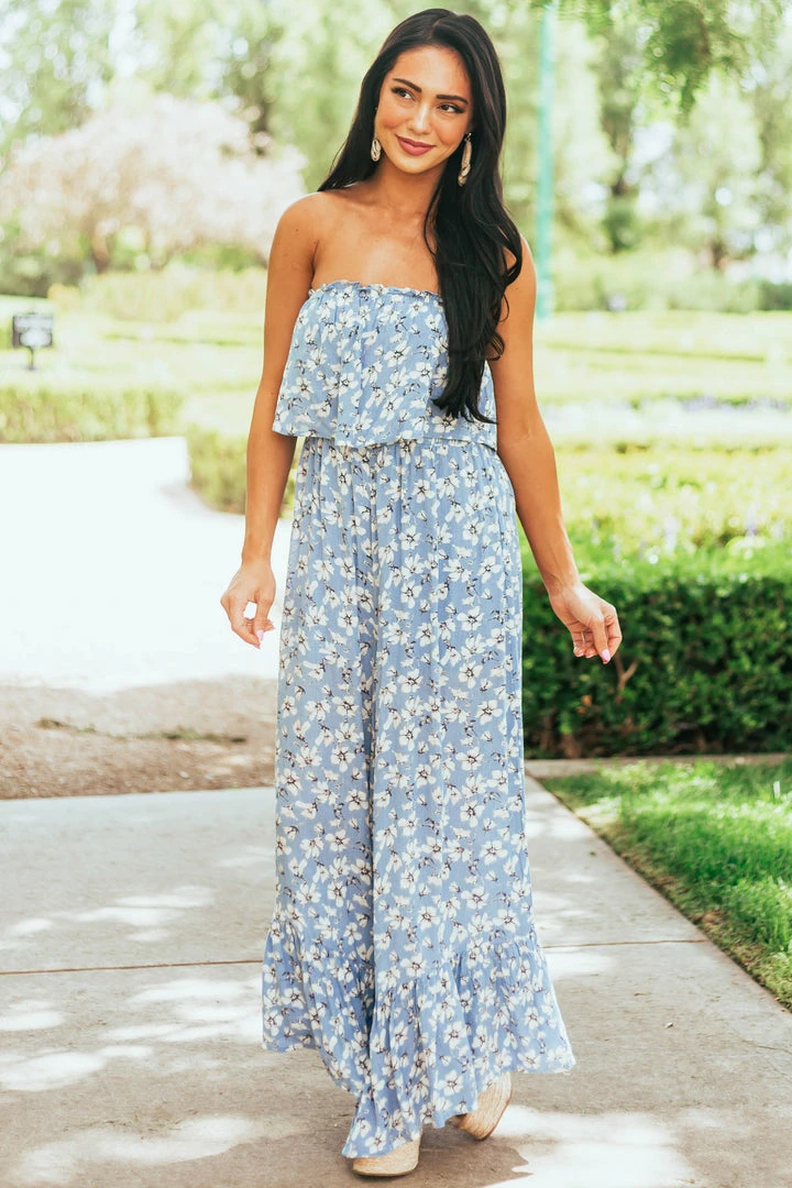 She + Sky Powder Blue Floral Sleeveless Smocked Jumpsuit Dresses 5 She + Sky Powder Blue Floral Sleeveless Smocked Jumpsuit Dresses