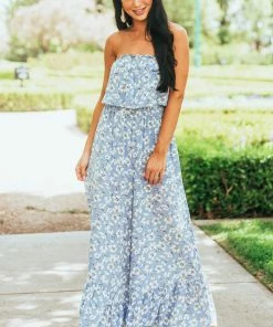 She + Sky Powder Blue Floral Sleeveless Smocked Jumpsuit Dresses