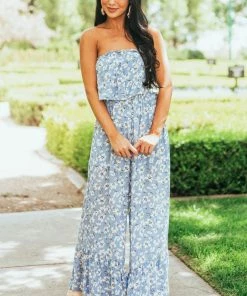 She + Sky Powder Blue Floral Sleeveless Smocked Jumpsuit Dresses