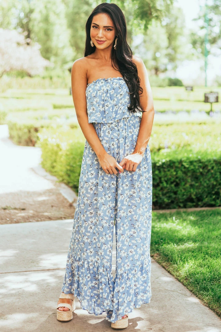 She + Sky Powder Blue Floral Sleeveless Smocked Jumpsuit Dresses 4 She + Sky Powder Blue Floral Sleeveless Smocked Jumpsuit Dresses