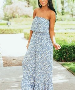 She + Sky Powder Blue Floral Sleeveless Smocked Jumpsuit Dresses 11 She + Sky Powder Blue Floral Sleeveless Smocked Jumpsuit Dresses