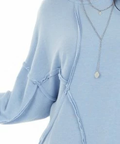 BucketList Tops Powder Blue French Terry Knit Top With Raw Edge Details