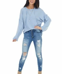 BucketList Tops Powder Blue French Terry Knit Top With Raw Edge Details