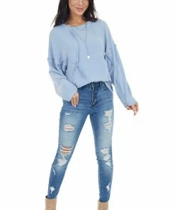 BucketList Tops Powder Blue French Terry Knit Top With Raw Edge Details