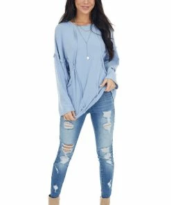 BucketList Tops Powder Blue French Terry Knit Top With Raw Edge Details