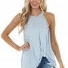 Haptics Tops Powder Blue Front Twist Stretchy Knit Top With Halter Neck