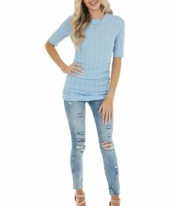 Ces Femme Powder Blue Half Sleeve Ribbed Knit Top With Side Ruching Tops