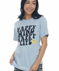 A. Blush Powder Blue 'Happy Mind Happy Life' Graphic Tee Tops