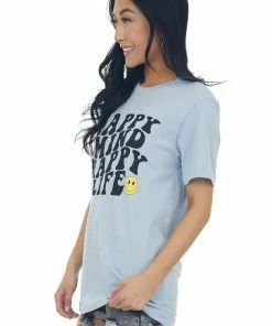 A. Blush Powder Blue 'Happy Mind Happy Life' Graphic Tee Tops