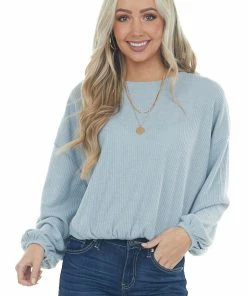 Wishlist Powder Blue Long Bubble Sleeve Stretchy Ribbed Knit Top