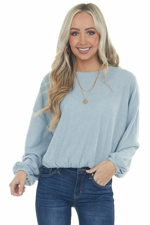 Wishlist Powder Blue Long Bubble Sleeve Stretchy Ribbed Knit Top 10 Wishlist Powder Blue Long Bubble Sleeve Stretchy Ribbed Knit Top