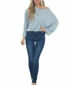 Wishlist Powder Blue Long Bubble Sleeve Stretchy Ribbed Knit Top