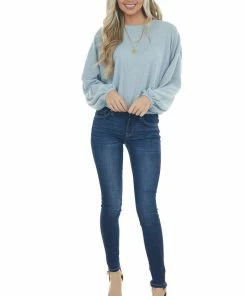 Wishlist Powder Blue Long Bubble Sleeve Stretchy Ribbed Knit Top