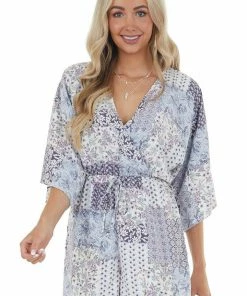 143 Story Dresses Powder Blue Multi Print Kimono Sleeve Romper