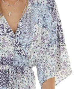 143 Story Dresses Powder Blue Multi Print Kimono Sleeve Romper