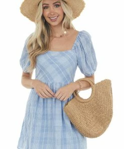 Jodifl Dresses Powder Blue Plaid Babydoll Short Dress