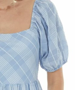 Jodifl Dresses Powder Blue Plaid Babydoll Short Dress