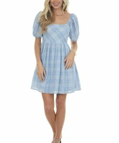 Jodifl Dresses Powder Blue Plaid Babydoll Short Dress