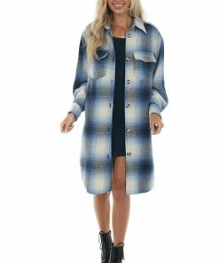 Sweet Lovely Outerwear Powder Blue Plaid Button Up Long Coat