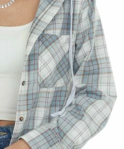 143 Story Powder Blue Plaid Button Up Hoodie Shacket