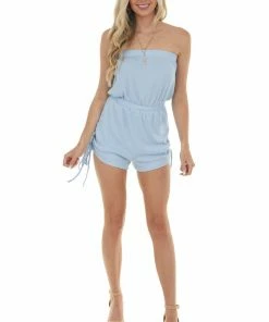 LE LIS Dresses Powder Blue Ribbed Ruched Strapless Romper