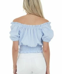 143 Story Tops Powder Blue Ruched Waist Textured Bodysuit
