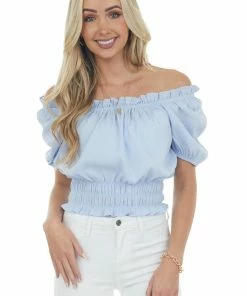 143 Story Tops Powder Blue Ruched Waist Textured Bodysuit