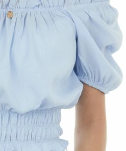 143 Story Tops Powder Blue Ruched Waist Textured Bodysuit