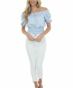 143 Story Tops Powder Blue Ruched Waist Textured Bodysuit