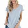 CY Fashion Powder Blue Short Sleeve Knit Top With Cornflower Contrast Tops