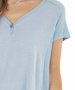 CY Fashion Powder Blue Short Sleeve Knit Top With Cornflower Contrast Tops 25 CY Fashion Powder Blue Short Sleeve Knit Top With Cornflower Contrast Tops