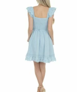 Davi & Dani Powder Blue Short Sleeve Smocked Woven Dress Dresses