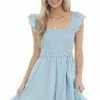 Davi & Dani Powder Blue Short Sleeve Smocked Woven Dress Dresses