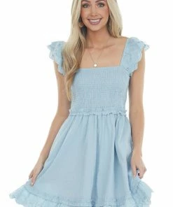 Davi & Dani Powder Blue Short Sleeve Smocked Woven Dress Dresses