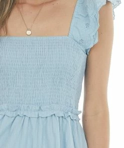 Davi & Dani Powder Blue Short Sleeve Smocked Woven Dress Dresses