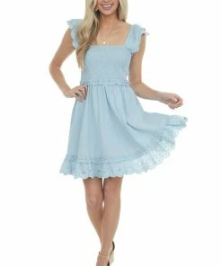 Davi & Dani Powder Blue Short Sleeve Smocked Woven Dress Dresses