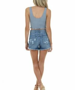 Style Melody Powder Blue Sleeveless Knit Top With Smocked Details