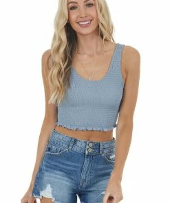 Style Melody Powder Blue Sleeveless Knit Top With Smocked Details