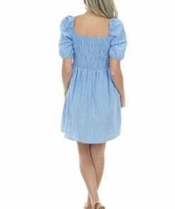 Umgee Powder Blue Smocked Puff Sleeve Short Dress Dresses
