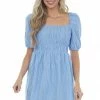 Umgee Powder Blue Smocked Puff Sleeve Short Dress Dresses