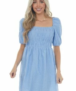 Umgee Powder Blue Smocked Puff Sleeve Short Dress Dresses
