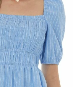 Umgee Powder Blue Smocked Puff Sleeve Short Dress Dresses