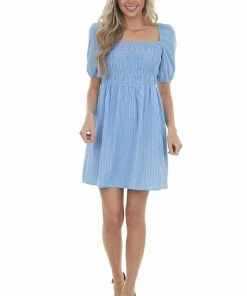Umgee Powder Blue Smocked Puff Sleeve Short Dress Dresses