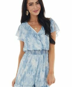 Peach Love Powder Blue Swiss Dot Snakeskin Print Romper