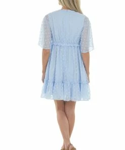 Sweet Lemon Powder Blue Swiss Dot V Neck 3/4 Sleeve Dress Dresses
