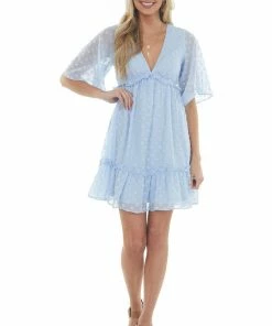 Sweet Lemon Powder Blue Swiss Dot V Neck 3/4 Sleeve Dress Dresses