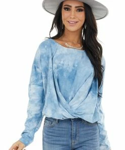 Umgee Powder Blue Tie Dye Long Sleeve Top With Elastic Hemline