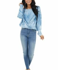 Umgee Powder Blue Tie Dye Long Sleeve Top With Elastic Hemline