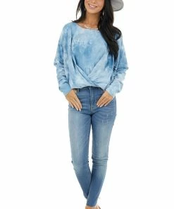 Umgee Powder Blue Tie Dye Long Sleeve Top With Elastic Hemline