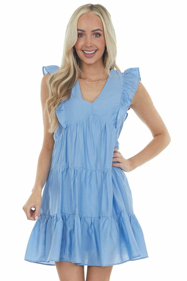 Umgee Dresses Powder Blue V Neck Tiered Woven Mini Dress 3 Umgee Dresses Powder Blue V Neck Tiered Woven Mini Dress